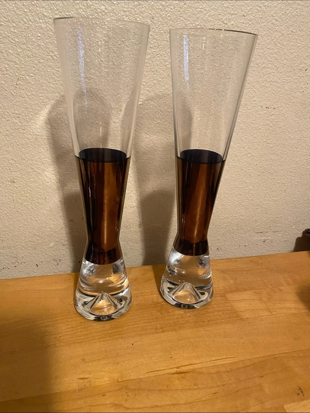 Pair of Tom Dixon Tall Clear Glass Vases with Amber Accent